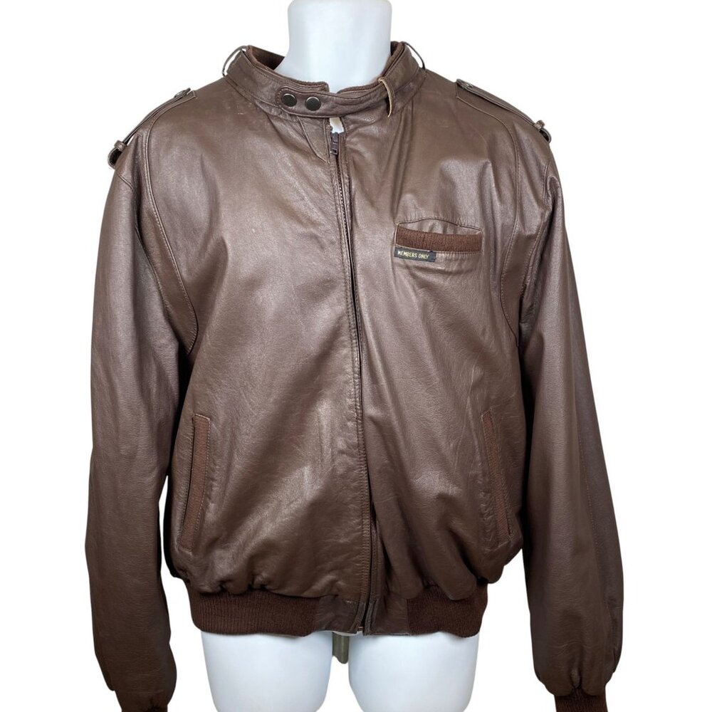 Vintage Members Only Brown Leather Bomber Jacket Mens 52 Zip Out Liner